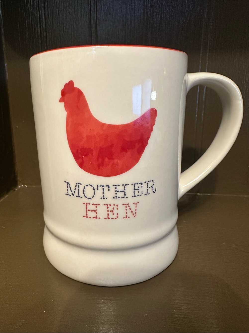 Mother Hen Chicken Rooster Ceramic Coffee Mug Red White Farmhouse Country